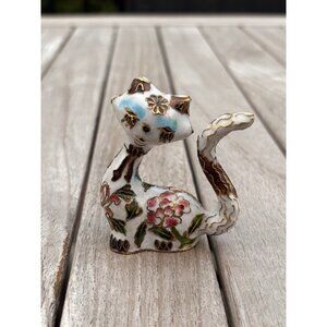 Cloisonne Brass Enamel Persian Cat Kitten Gold Trim Pink Blue Flowers 3”